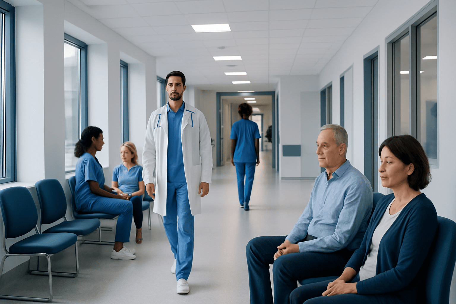 Medical staff and patients in a hospital corridor.