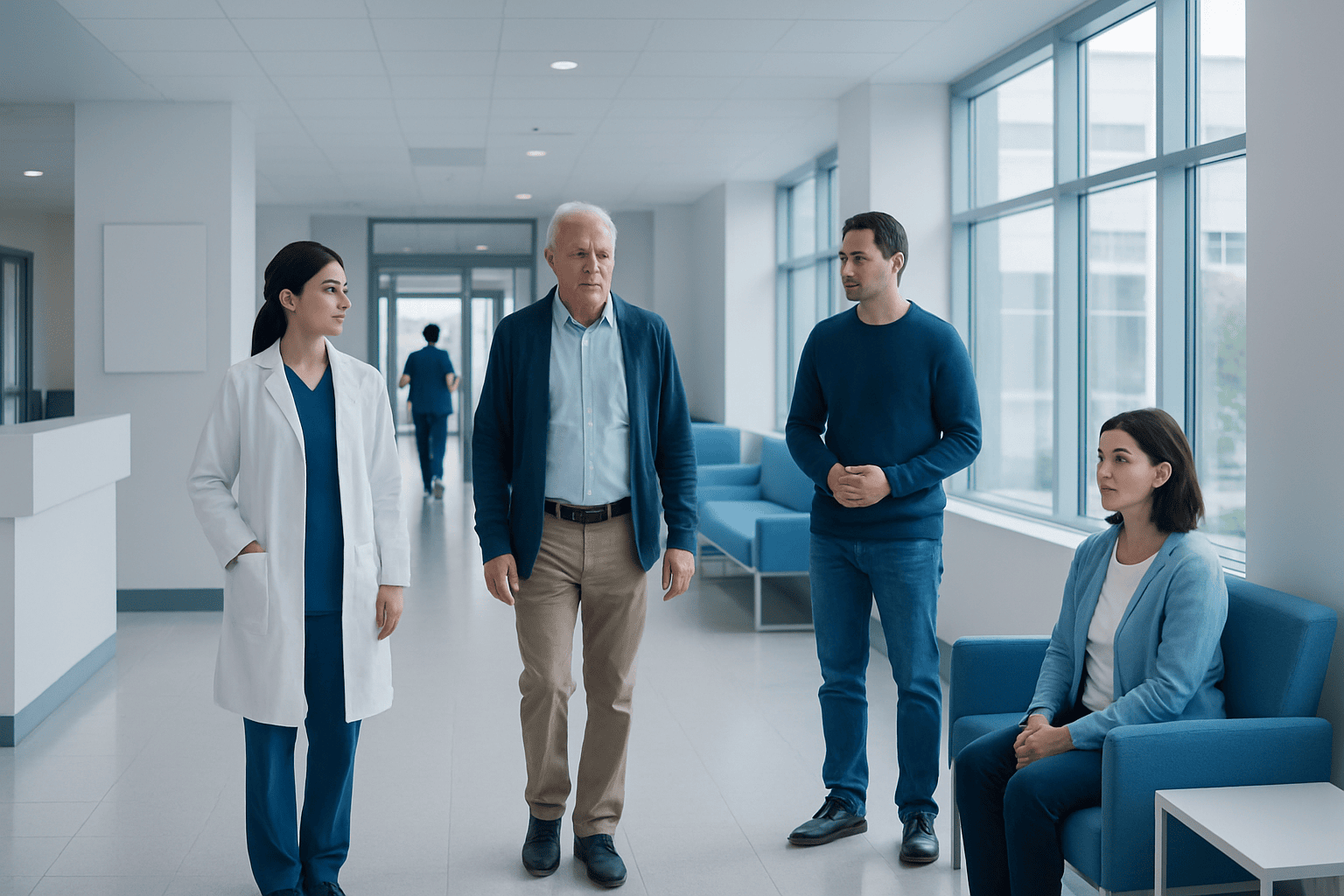 Medical team discussing patient care in hospital corridor.