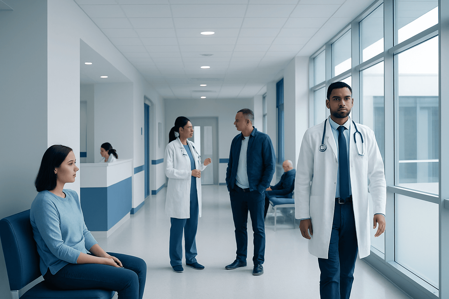 Medical team consulting in hospital corridor at Acibadem Hospitals Group.