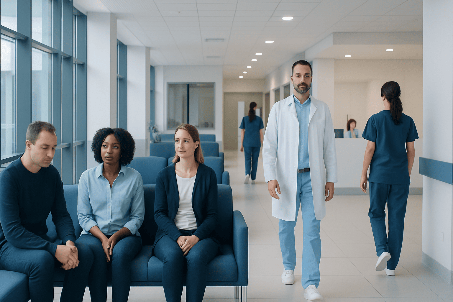 Patients waiting in a hospital corridor with medical staff nearby.