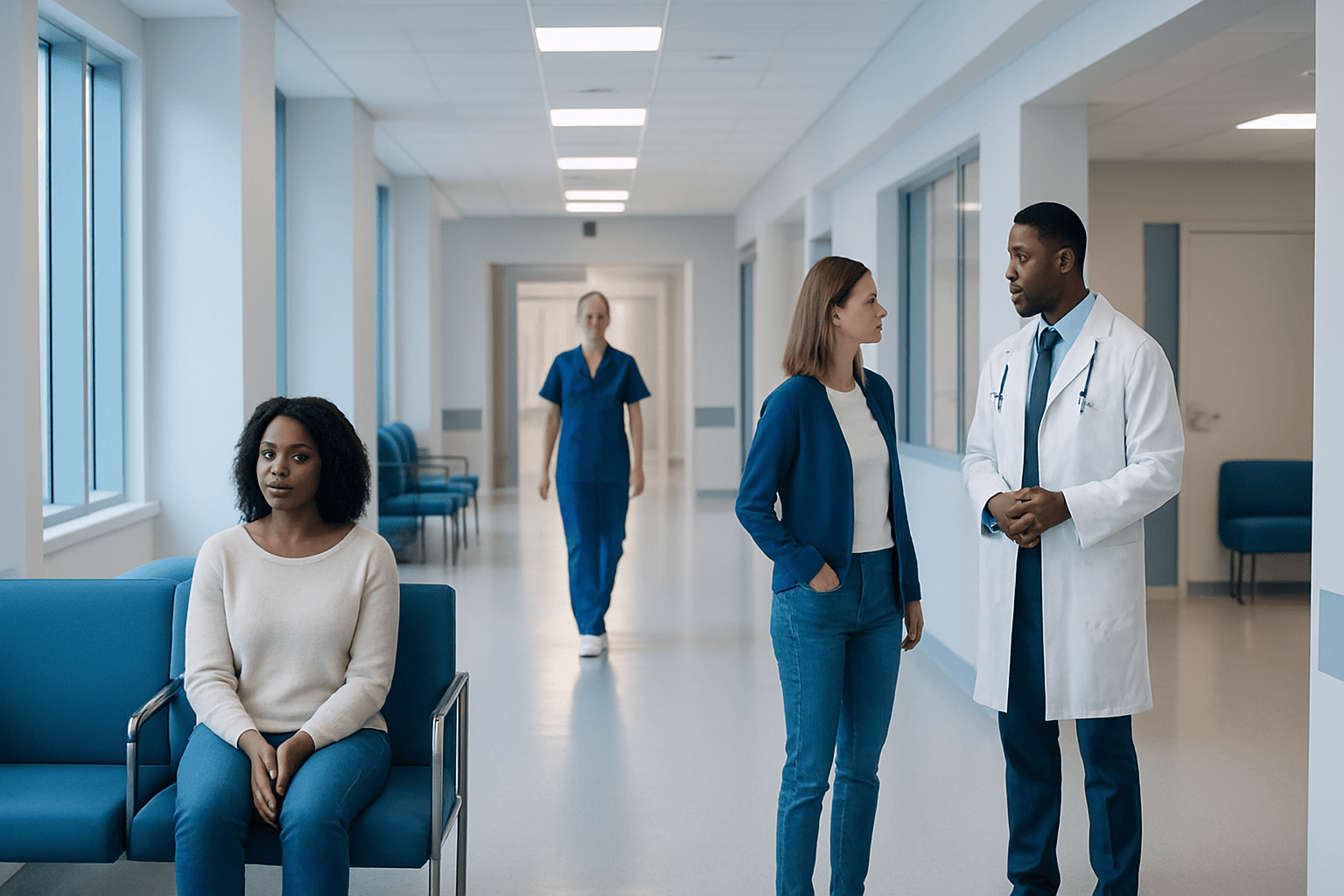 Diverse medical team consulting in hospital corridor.