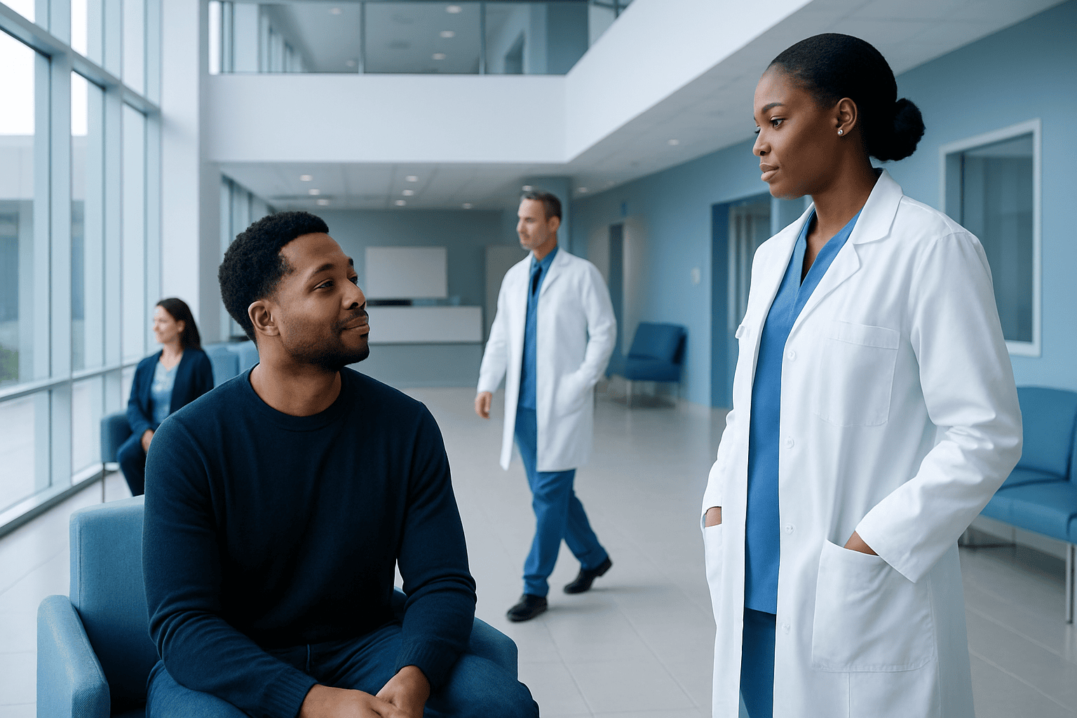 Medical consultation with a doctor and patient in a modern hospital setting.