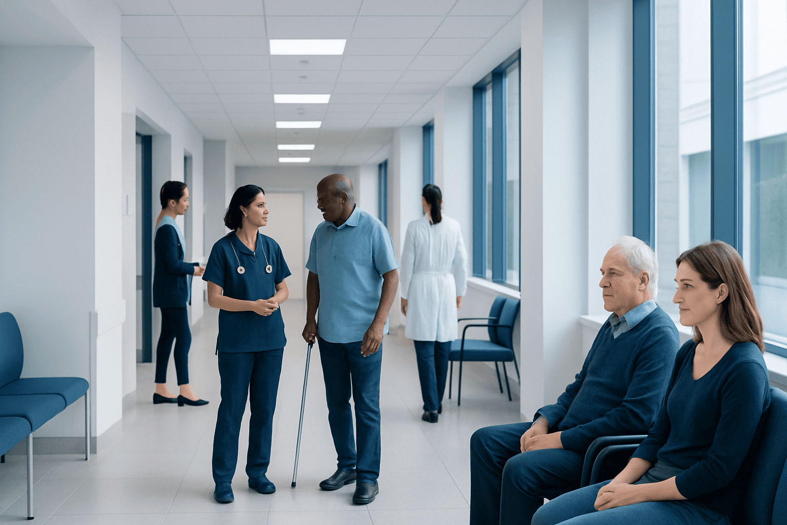 Hospital corridor with medical staff and patients, healthcare environment.