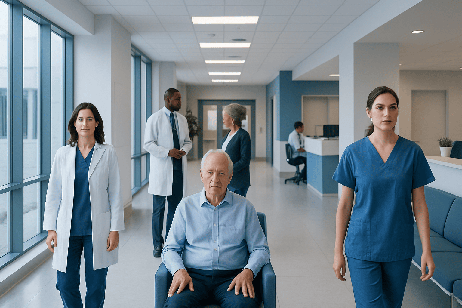 Hospital corridor with medical staff and a patient in a wheelchair.