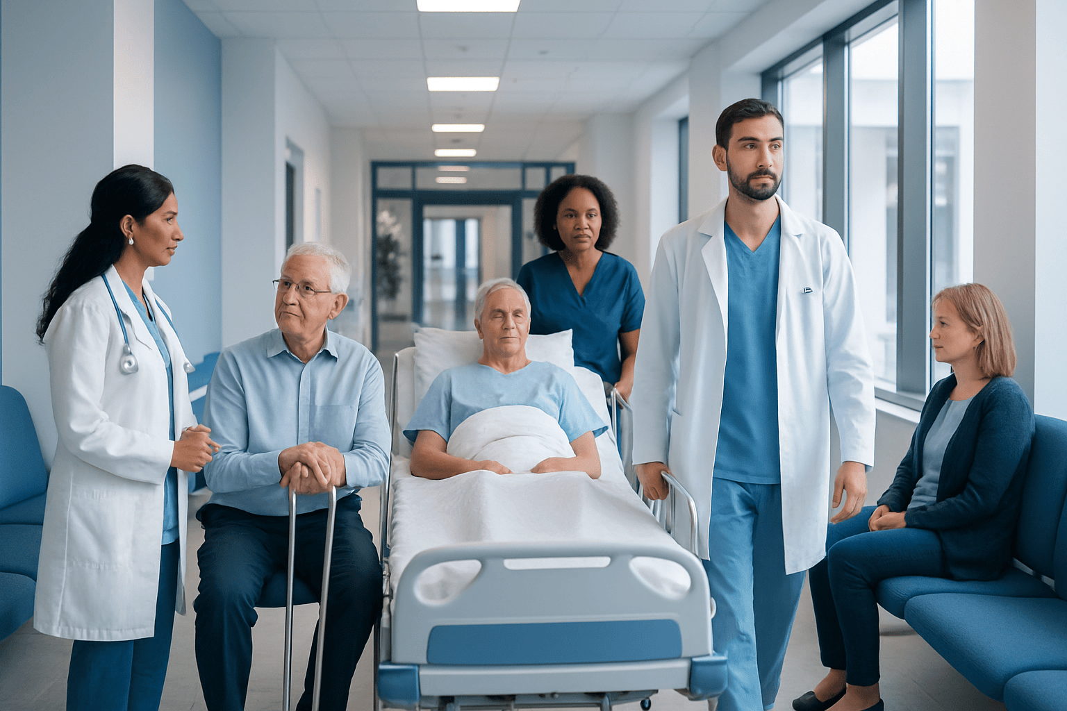 Medical team consulting with elderly patient in hospital corridor.