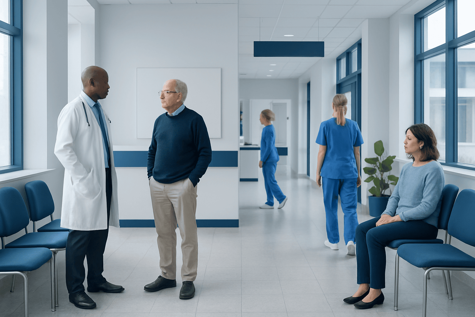 Doctor consulting with an elderly patient in a hospital corridor.