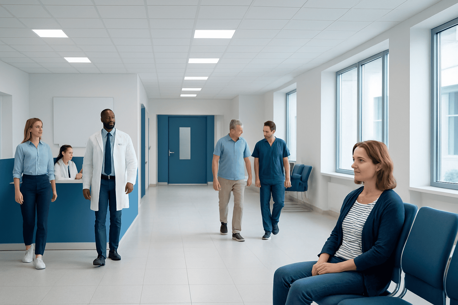 Medical professionals and patients in a modern hospital corridor.