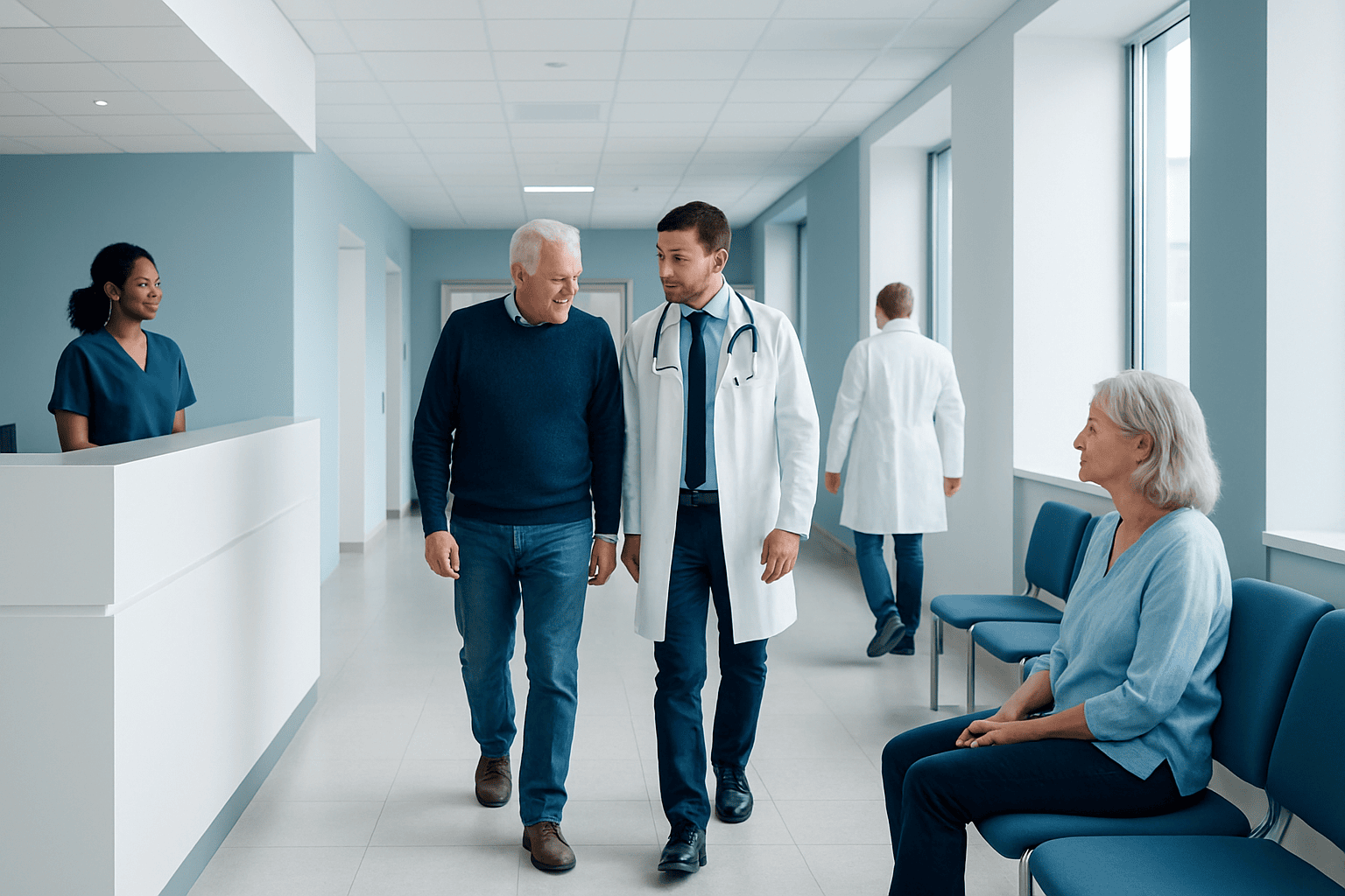 Doctor consulting with elderly patient in hospital corridor.