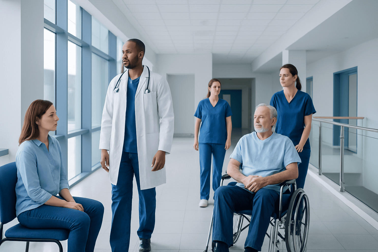 Medical team consulting with patient in hospital corridor.
