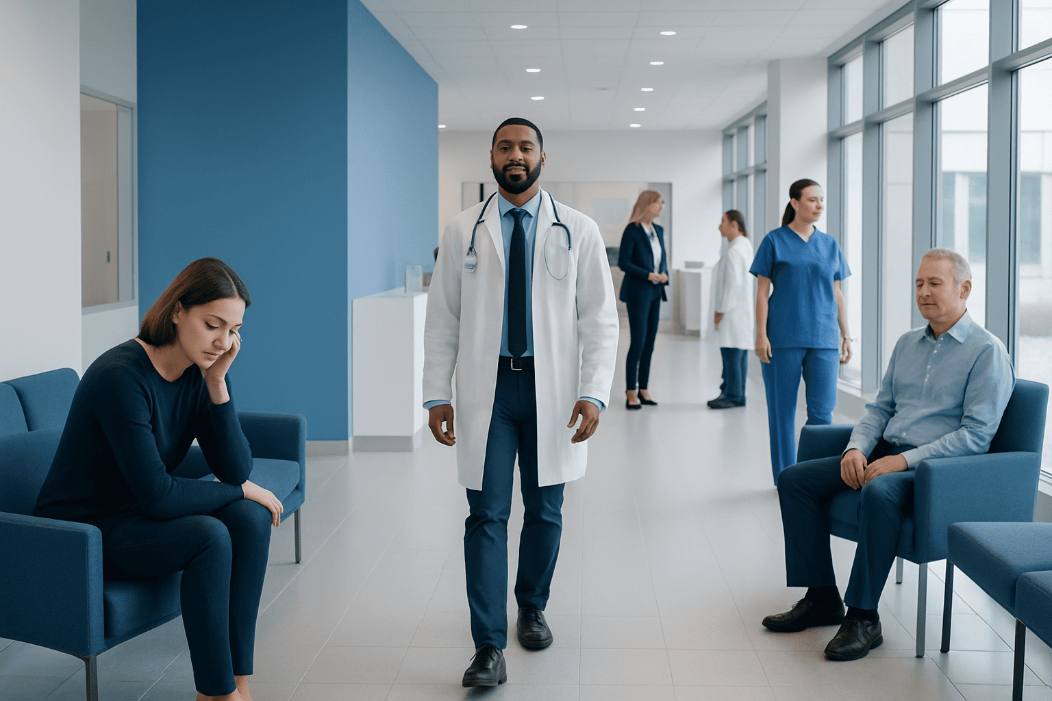 Medical consultation in a modern hospital corridor with patients and doctors.