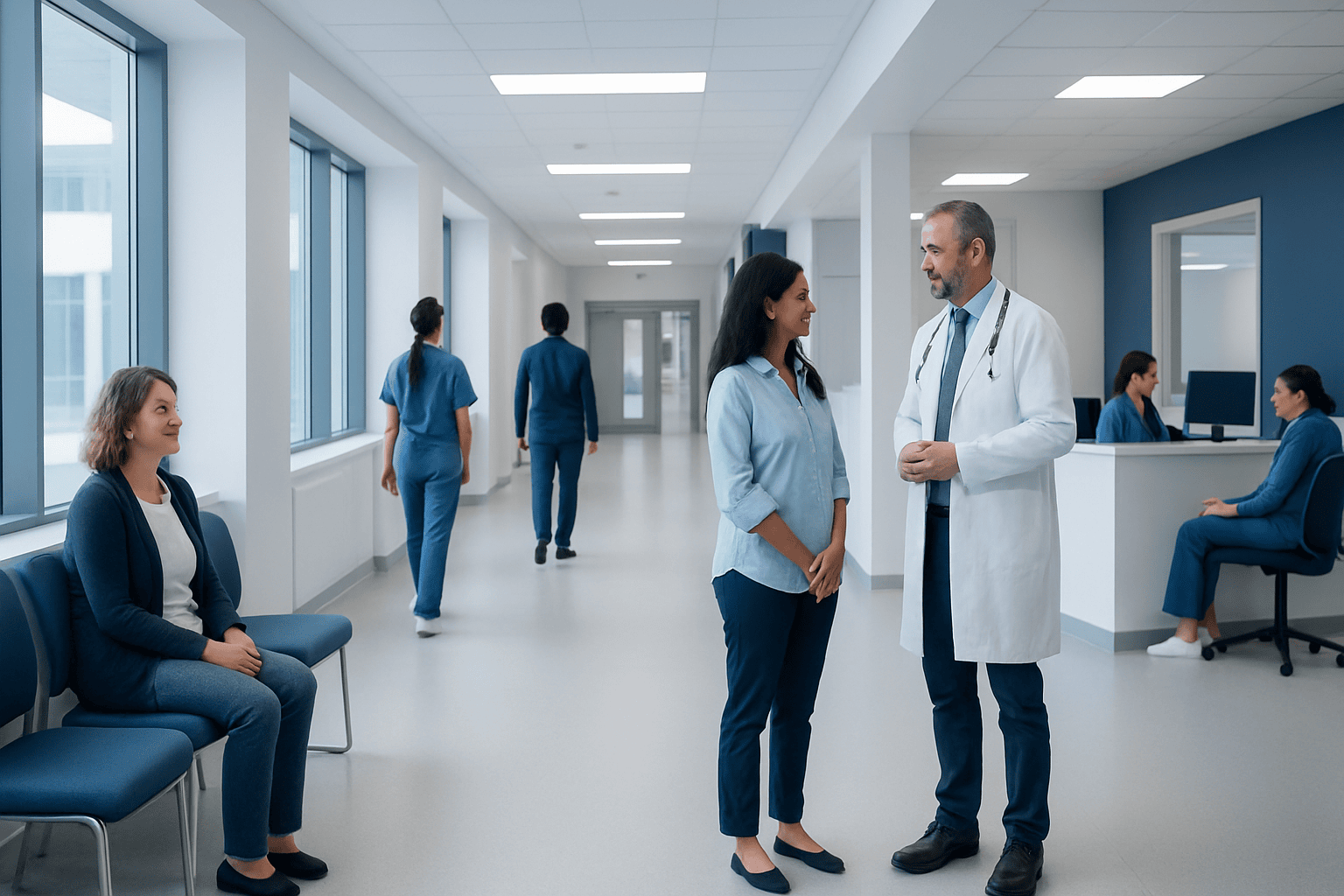 Medical professionals and patients in a modern hospital corridor.