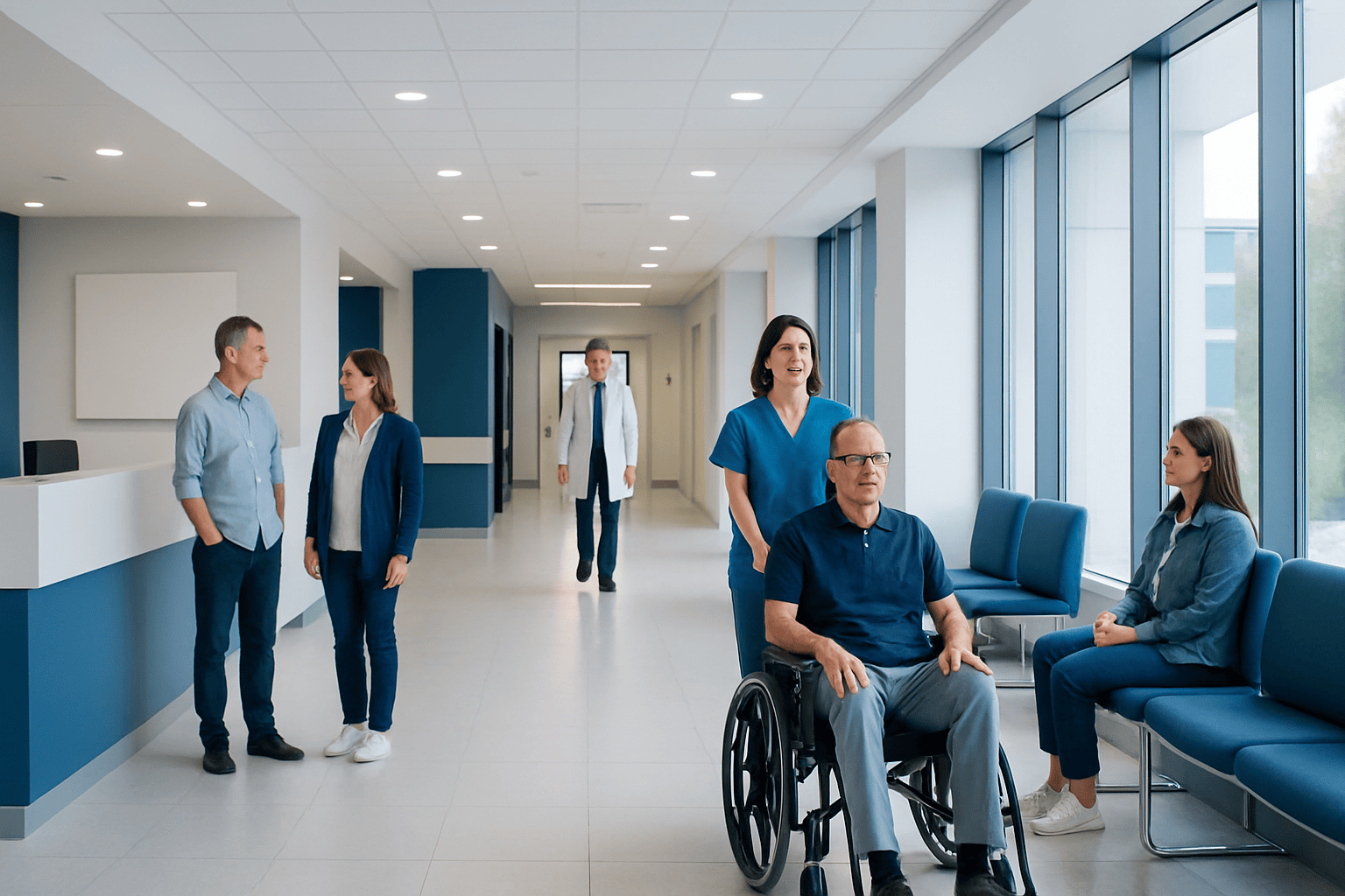 Hospital corridor with staff and a patient in wheelchair near window.