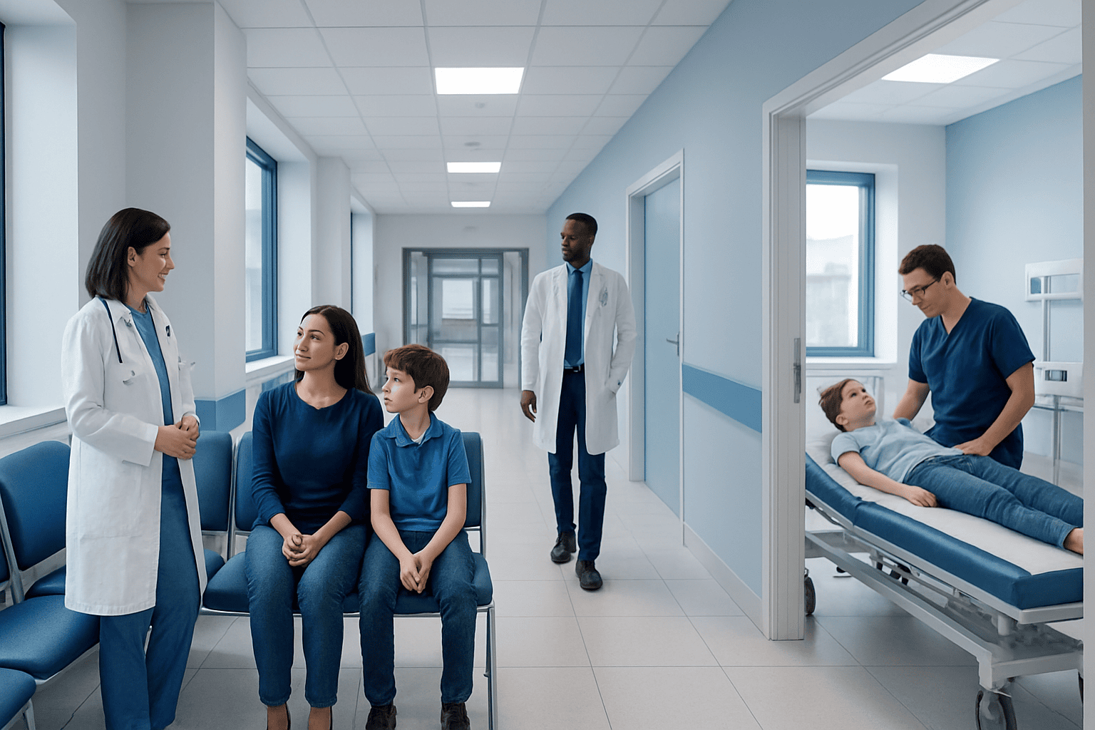 Pediatric sleep disorder consultation in a hospital setting with doctors and children.