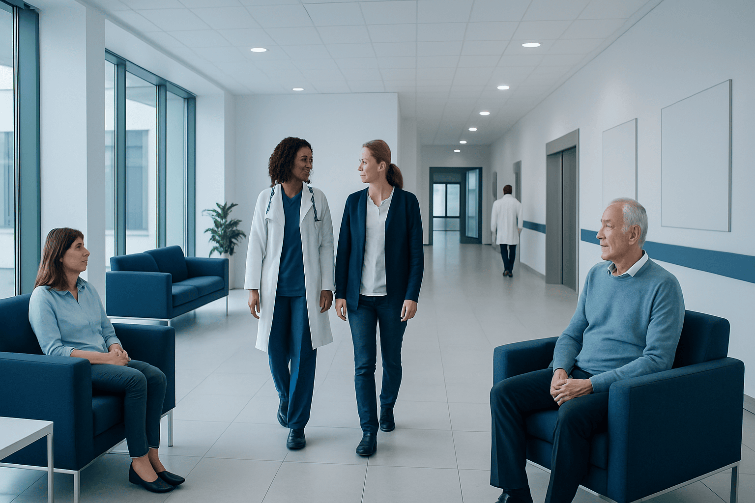 Medical professionals and patients in a hospital corridor at Acibadem Hospitals Group.