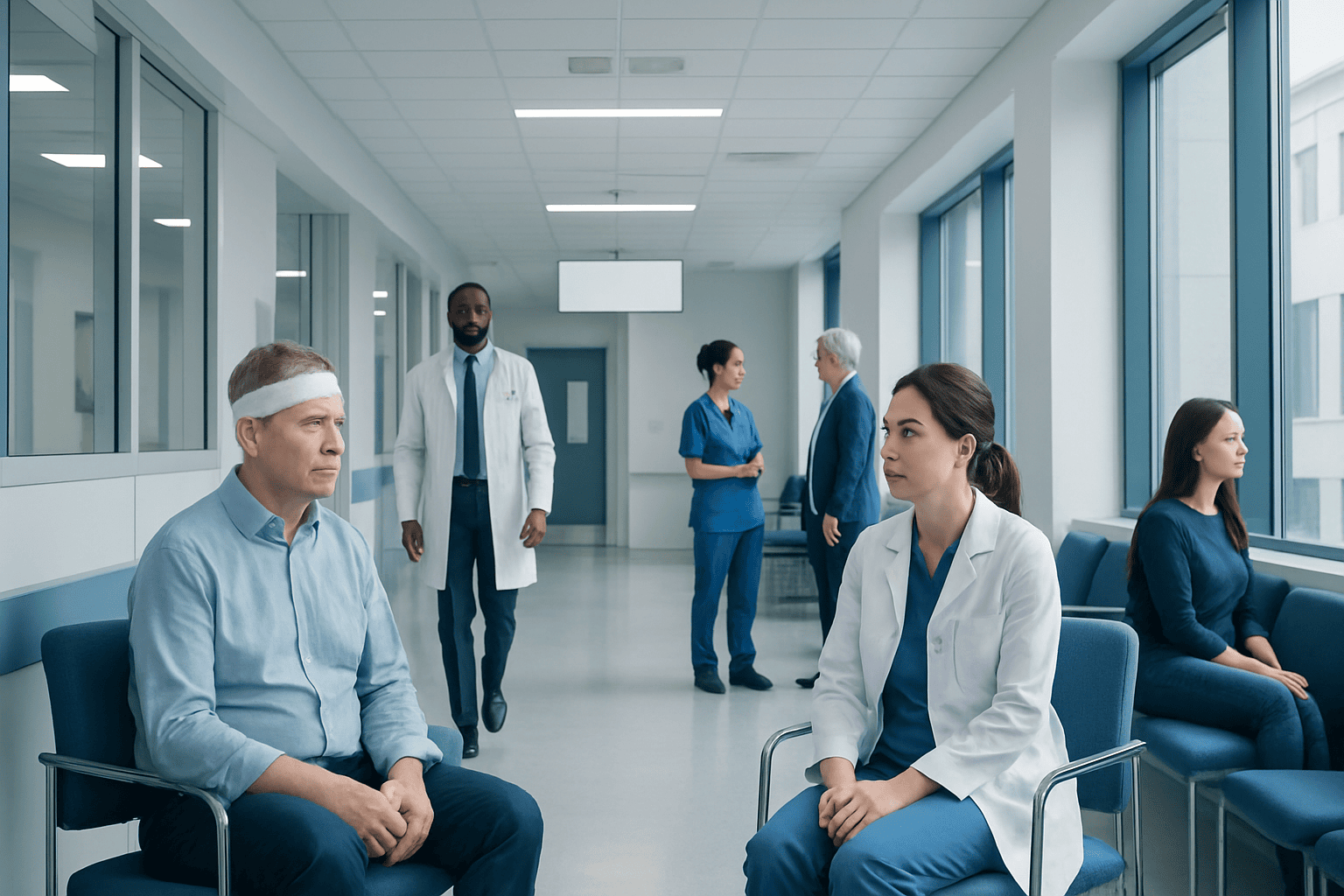 Medical consultation in a hospital corridor with doctors and patients.