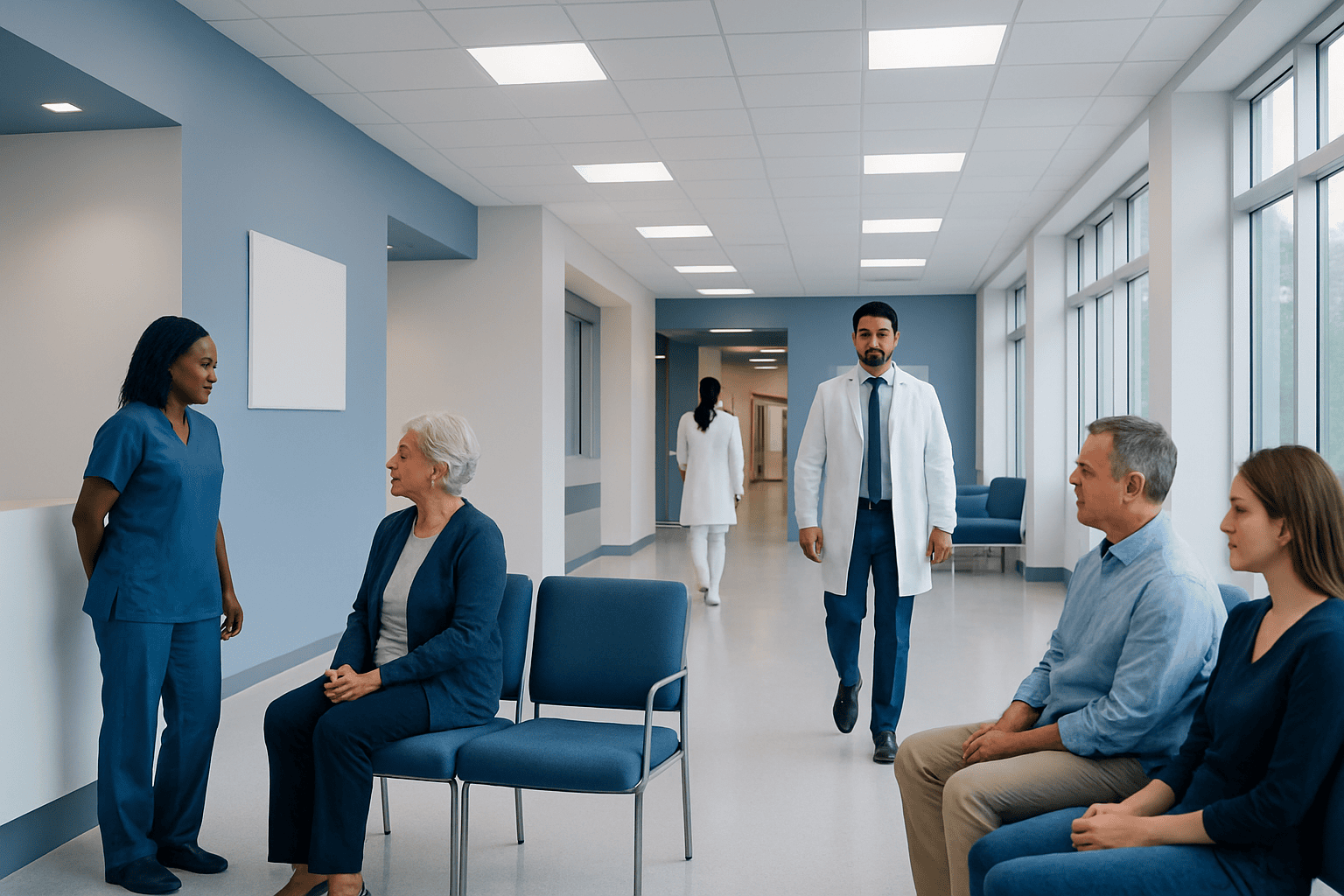 Medical staff and patients in a hospital corridor at Acibadem Hospitals Group.