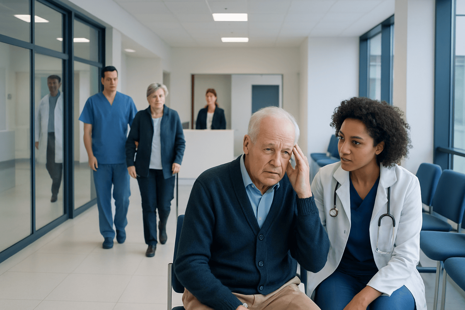 Older man experiencing confusion with healthcare professionals in hospital corridor.