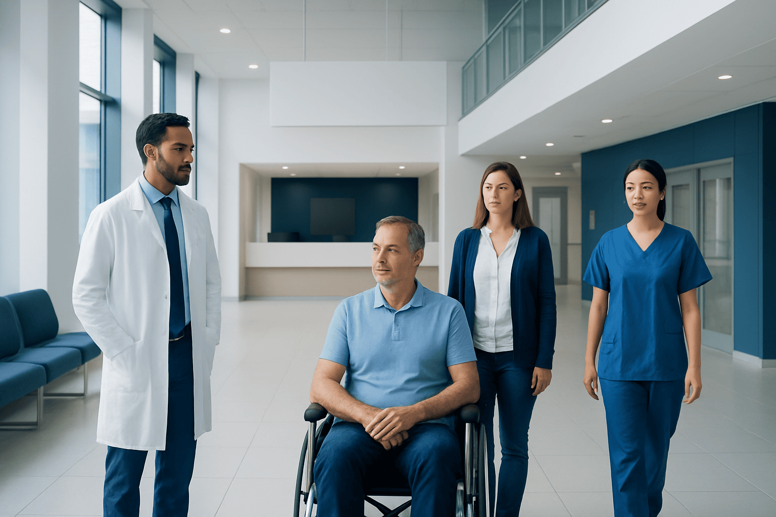 Medical team consulting with a patient in a hospital corridor.