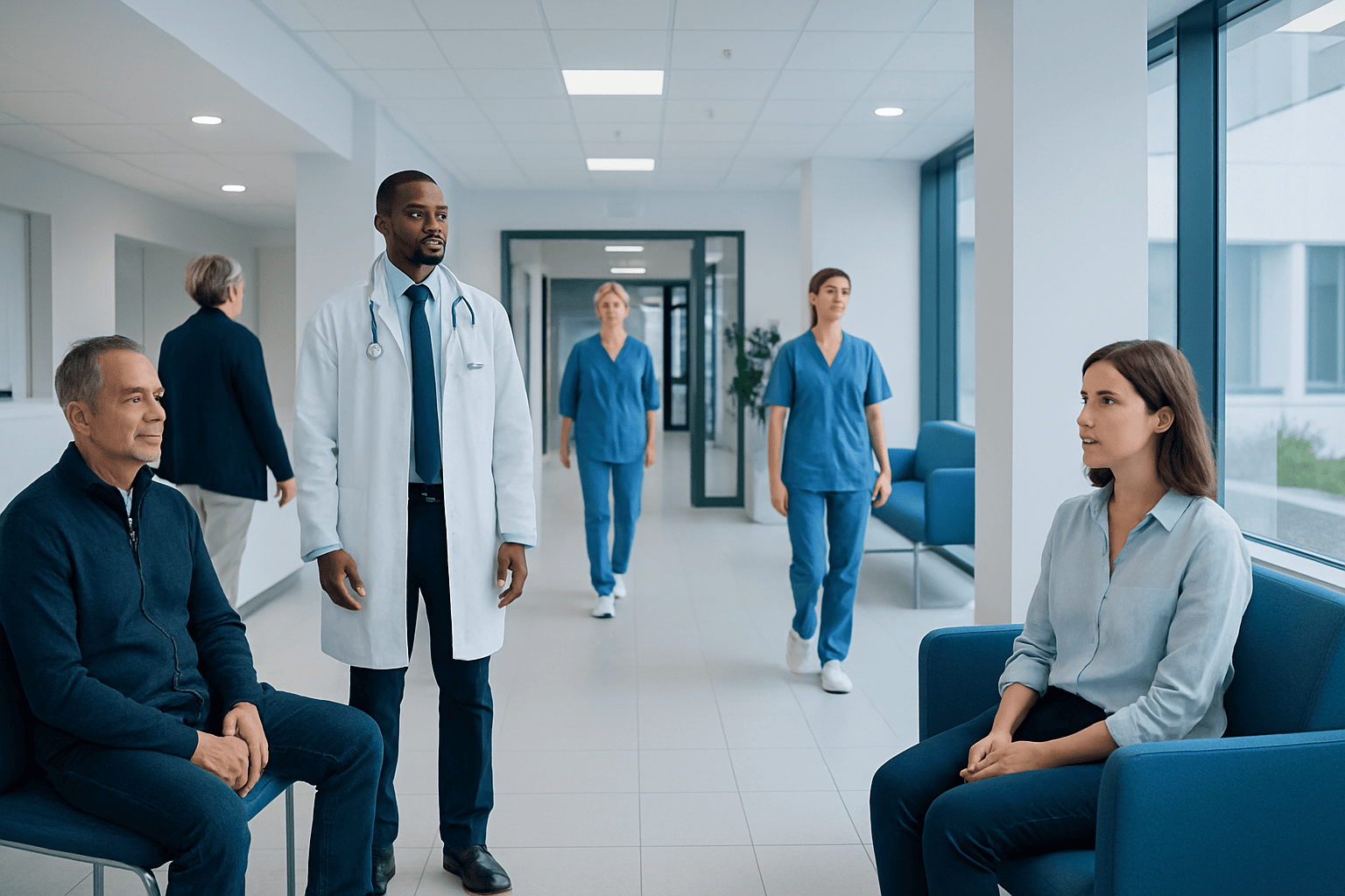 Medical team consulting patient in hospital corridor with staff in background.