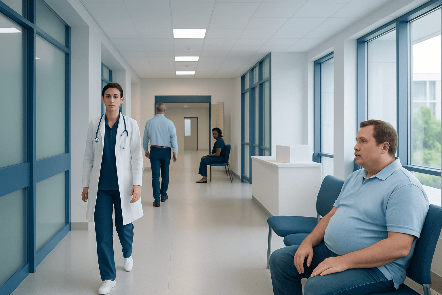 Healthcare professionals and patients in a modern hospital corridor.