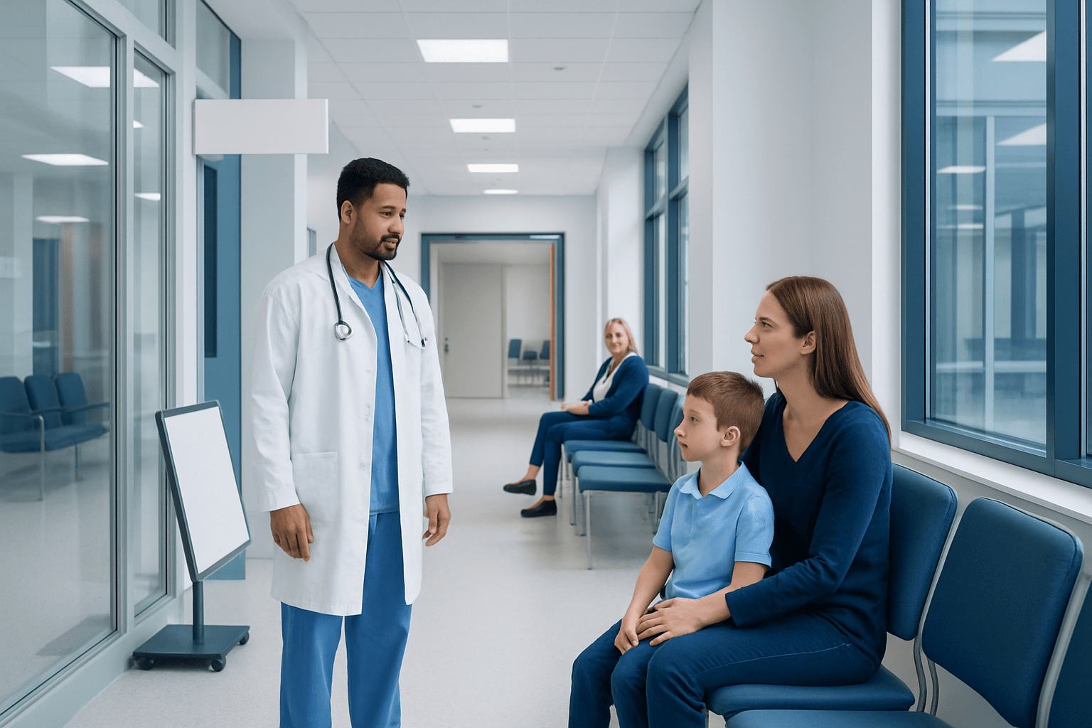 Doctor consulting with a mother and child in a hospital corridor.