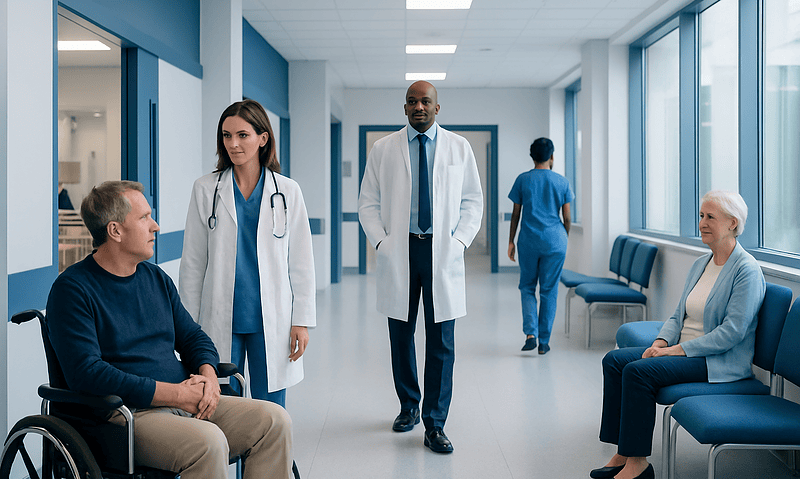 Medical team consulting with patients in hospital corridor.