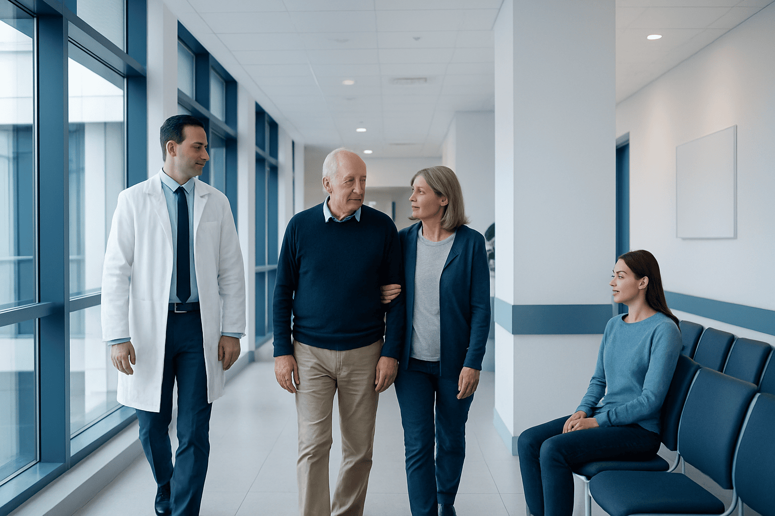 Doctor and family in hospital corridor, patient sitting on bench.