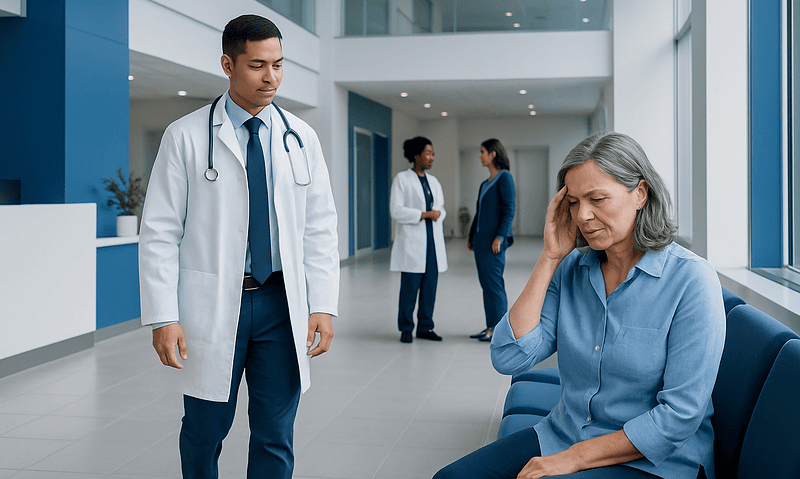 Doctor examining a woman with dizziness symptoms in a hospital corridor.