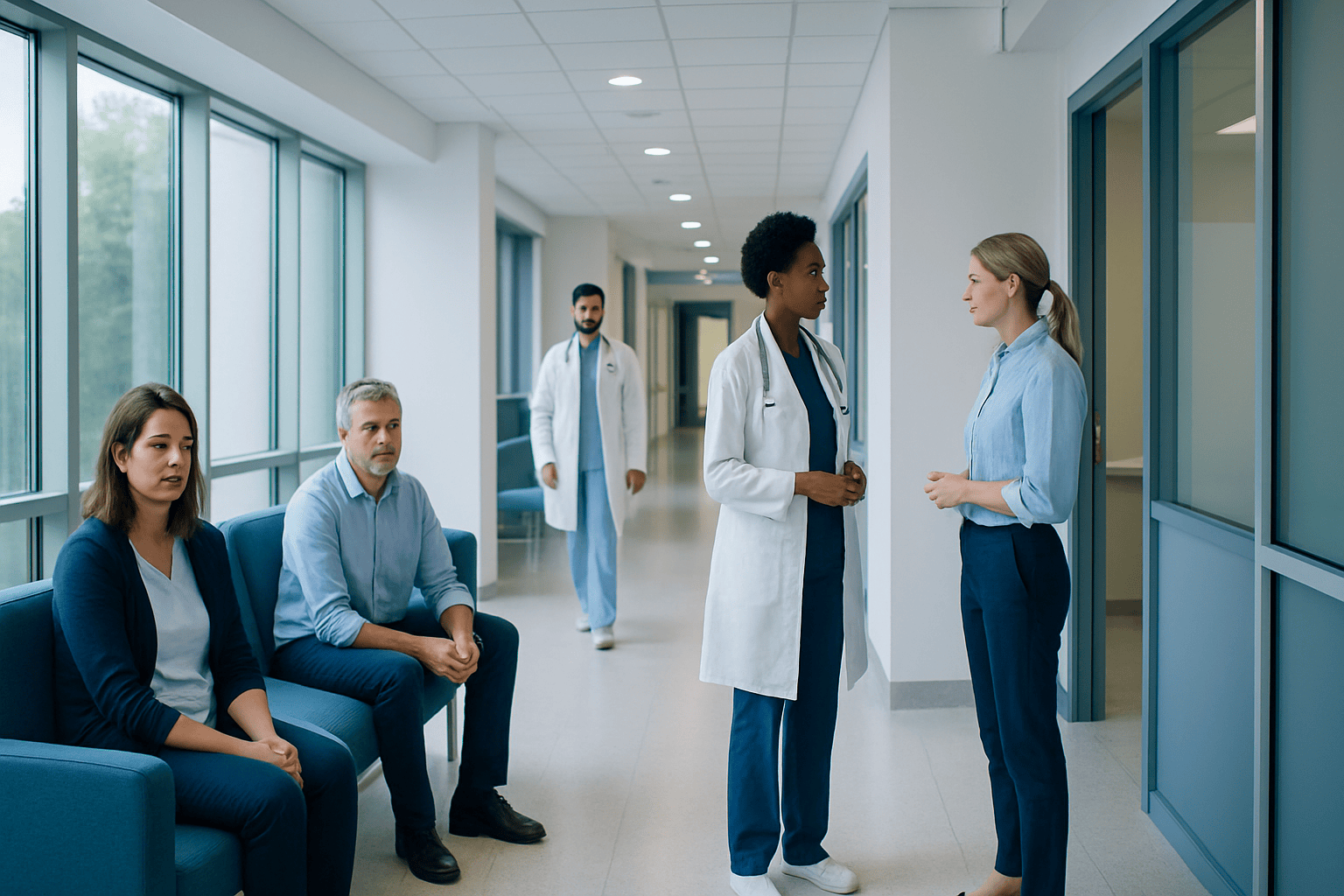 Medical team discussing patient care in hospital corridor.