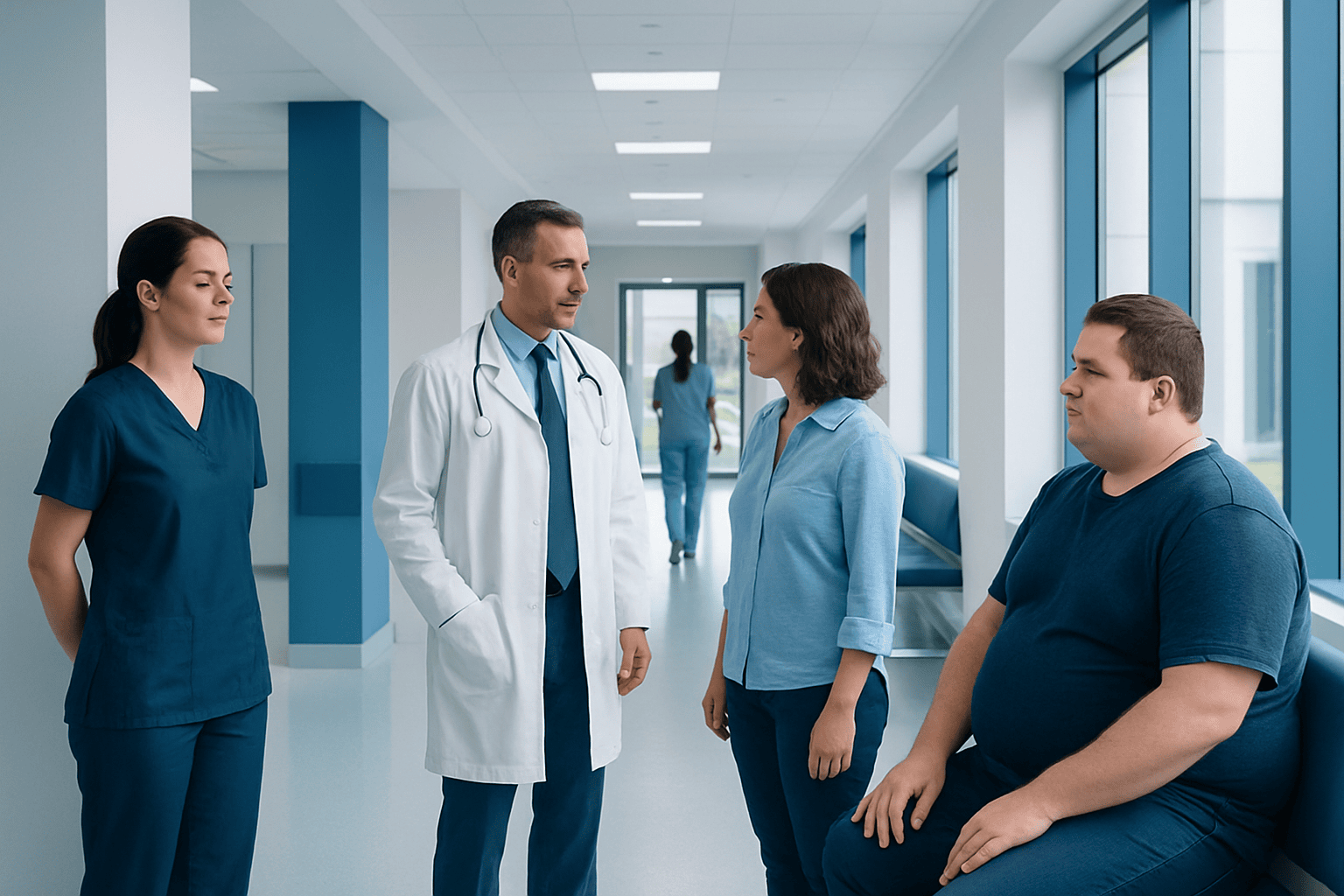 Doctor consulting with patients in hospital corridor at Acibadem Hospitals Group.