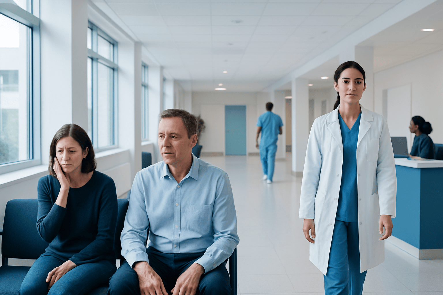 Patients waiting in a hospital corridor with a healthcare professional nearby.