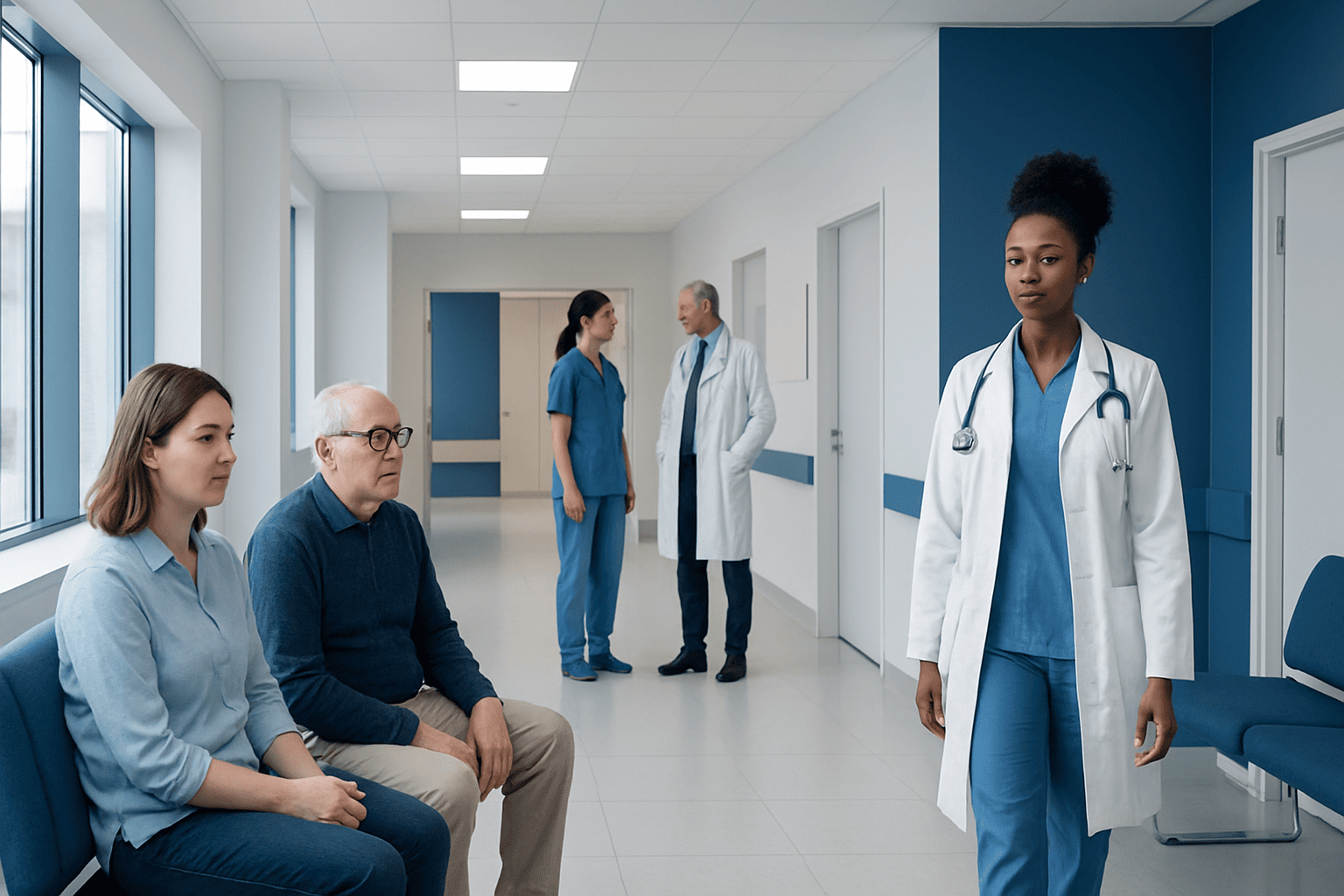 Medical consultation in hospital corridor with healthcare professionals and patient.