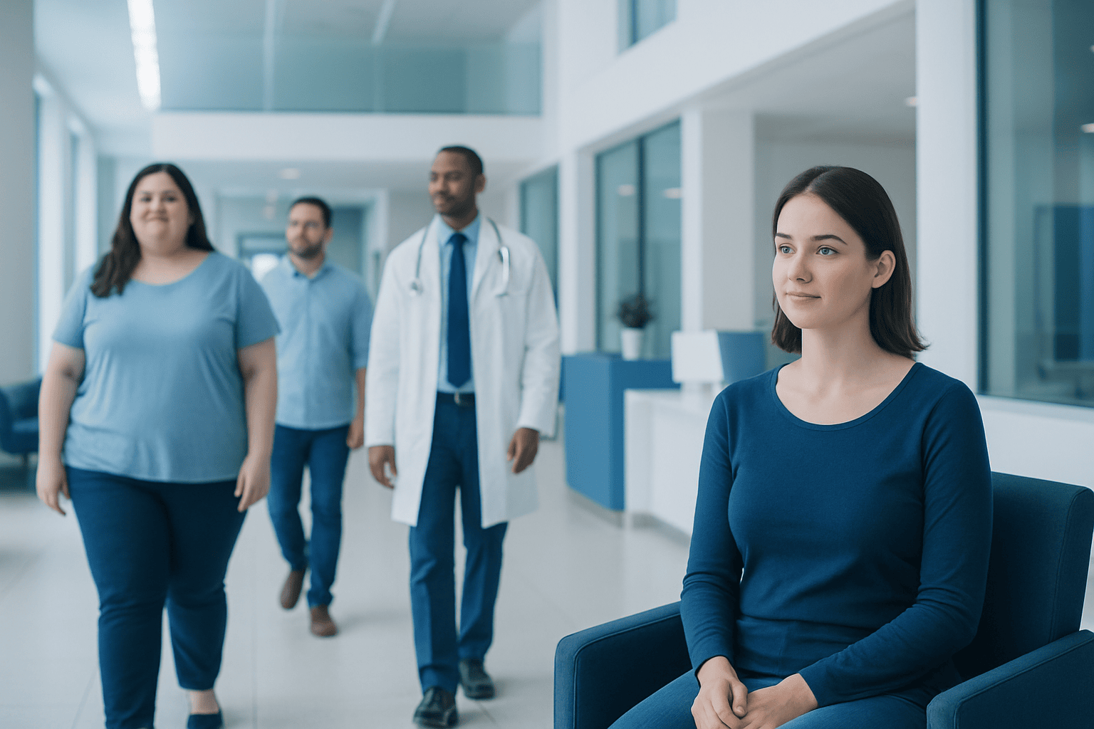 Patient waiting in hospital corridor with medical staff nearby.