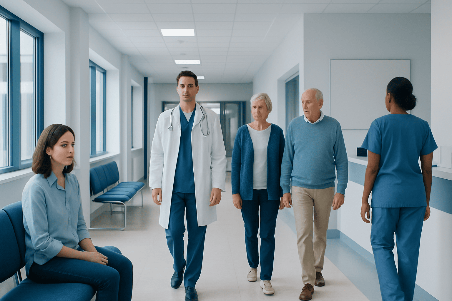 Medical team assisting elderly patients in hospital corridor.