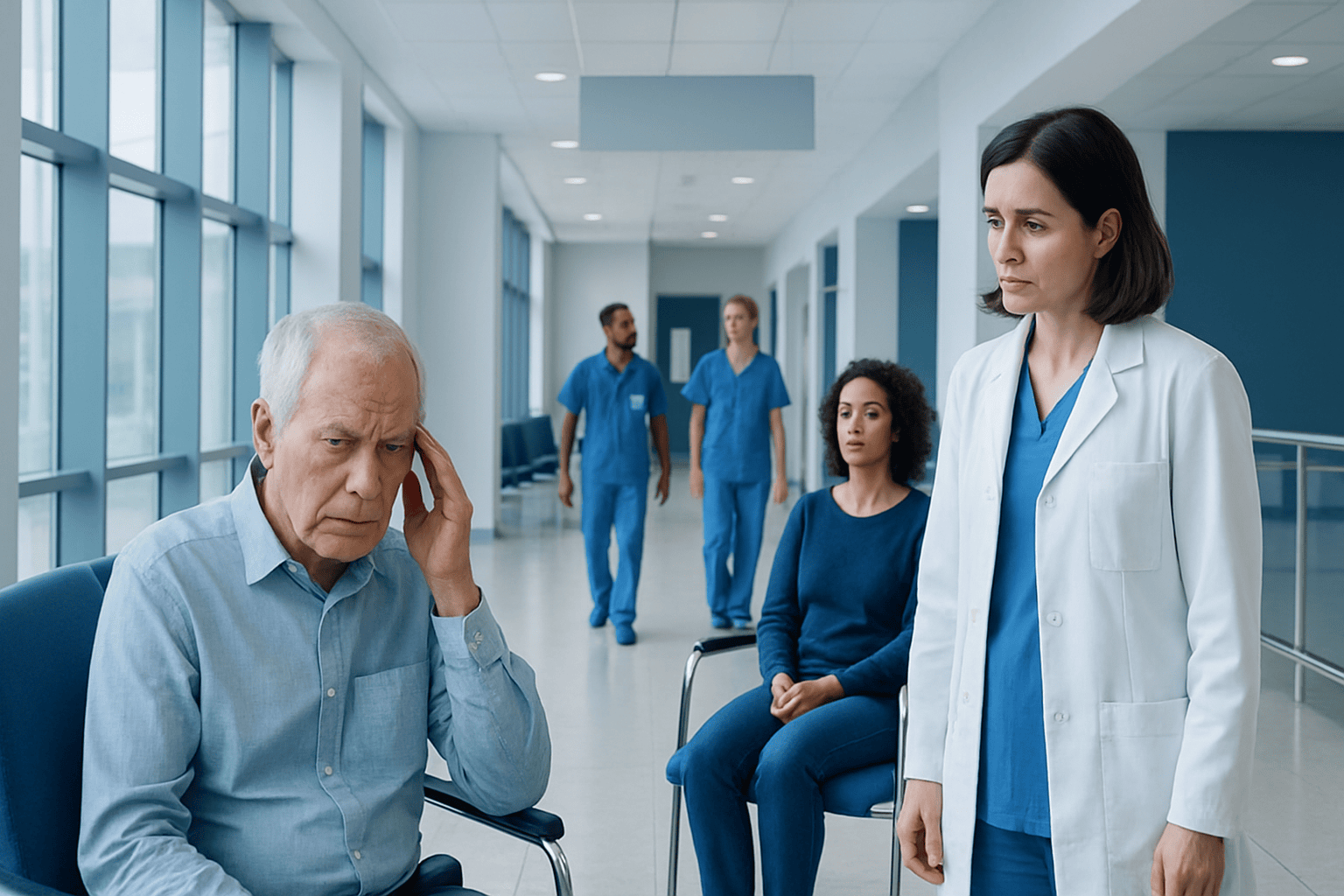 Older man experiencing confusion in a hospital setting with medical staff nearby.