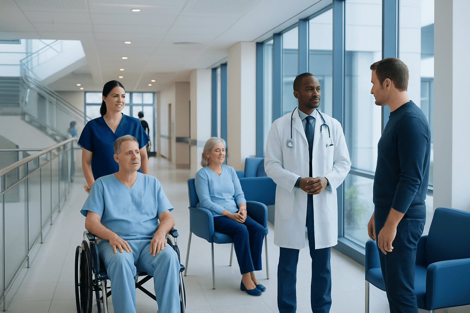 Medical team consulting patient in hospital corridor with wheelchair.