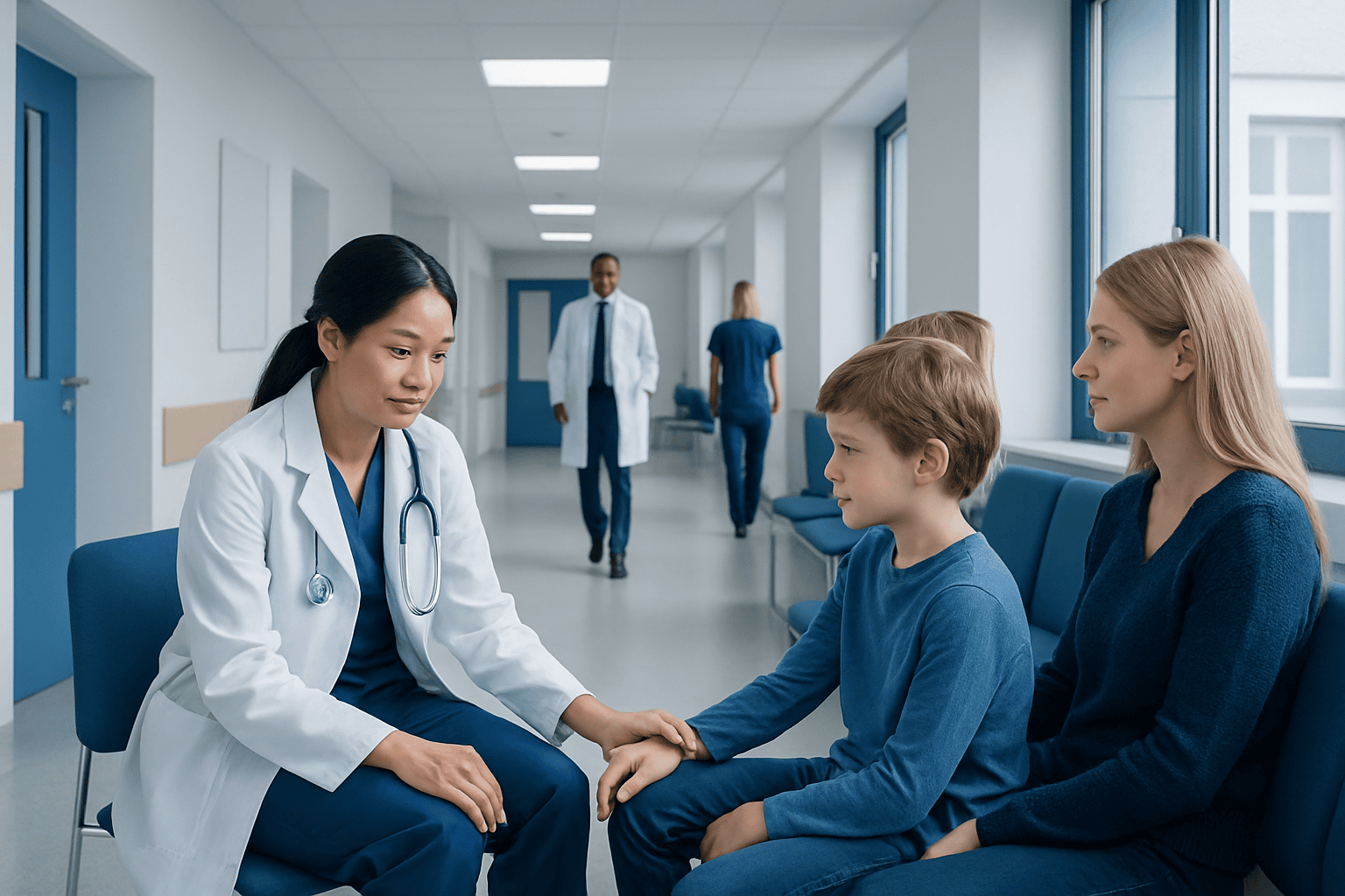 Pediatric consultation at Acibadem Hospital with doctor and young patient.