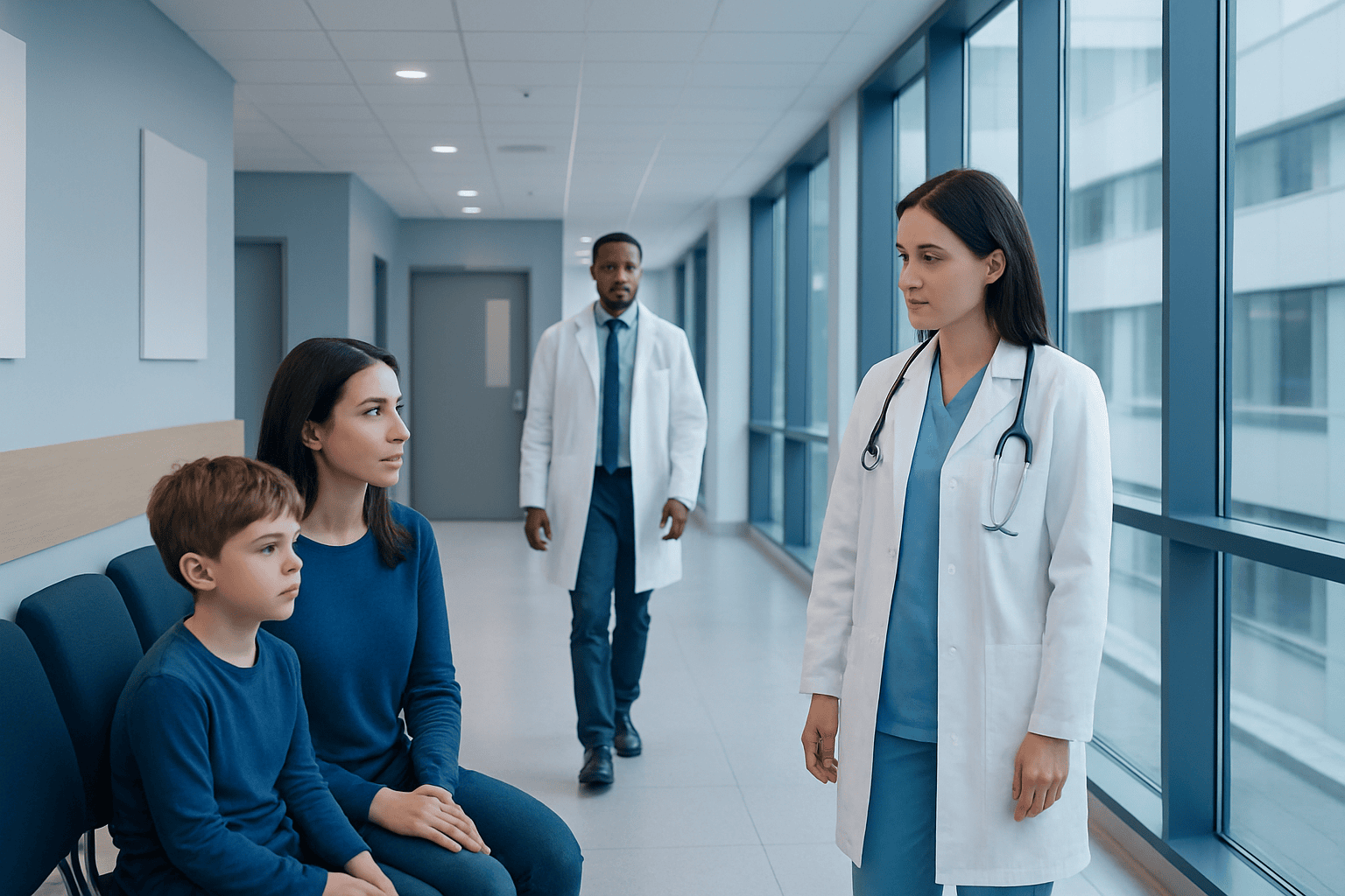 Child and mother consulting with a doctor in a hospital corridor.