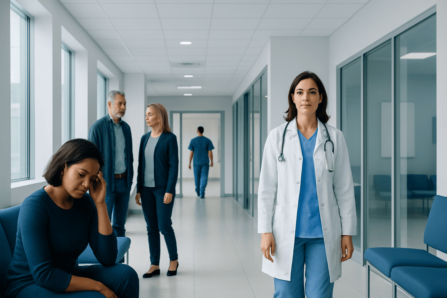 Medical staff and patients in a hospital corridor, healthcare environment.