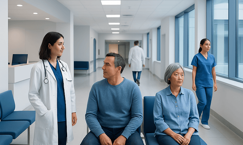 Patients waiting in a hospital corridor with medical staff nearby.
