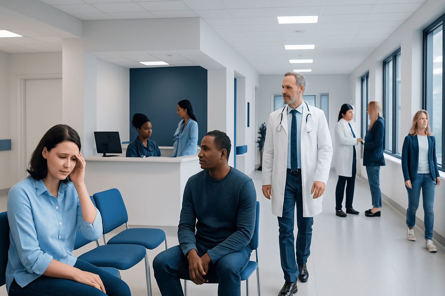 Patients waiting in a hospital corridor with medical staff and doctors present.