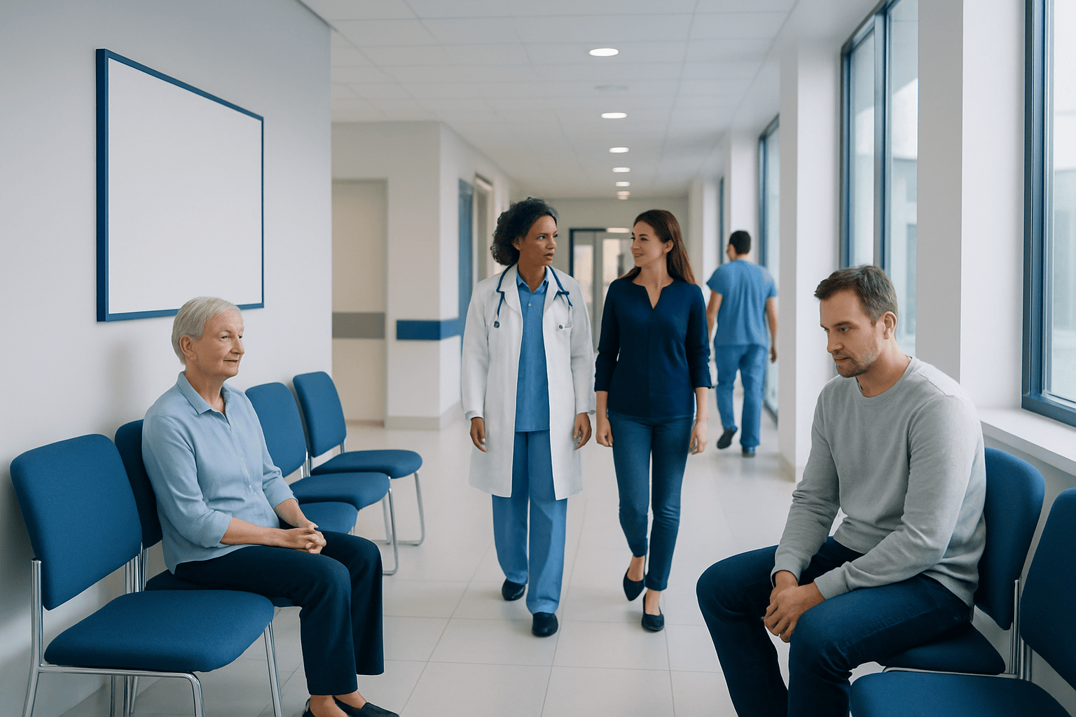 Patients and medical staff in a hospital corridor at Acibadem Hospitals Group.