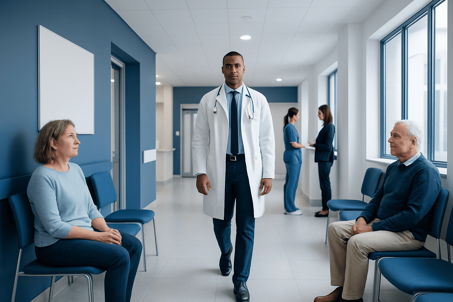 Doctor walking in hospital corridor with patients waiting.