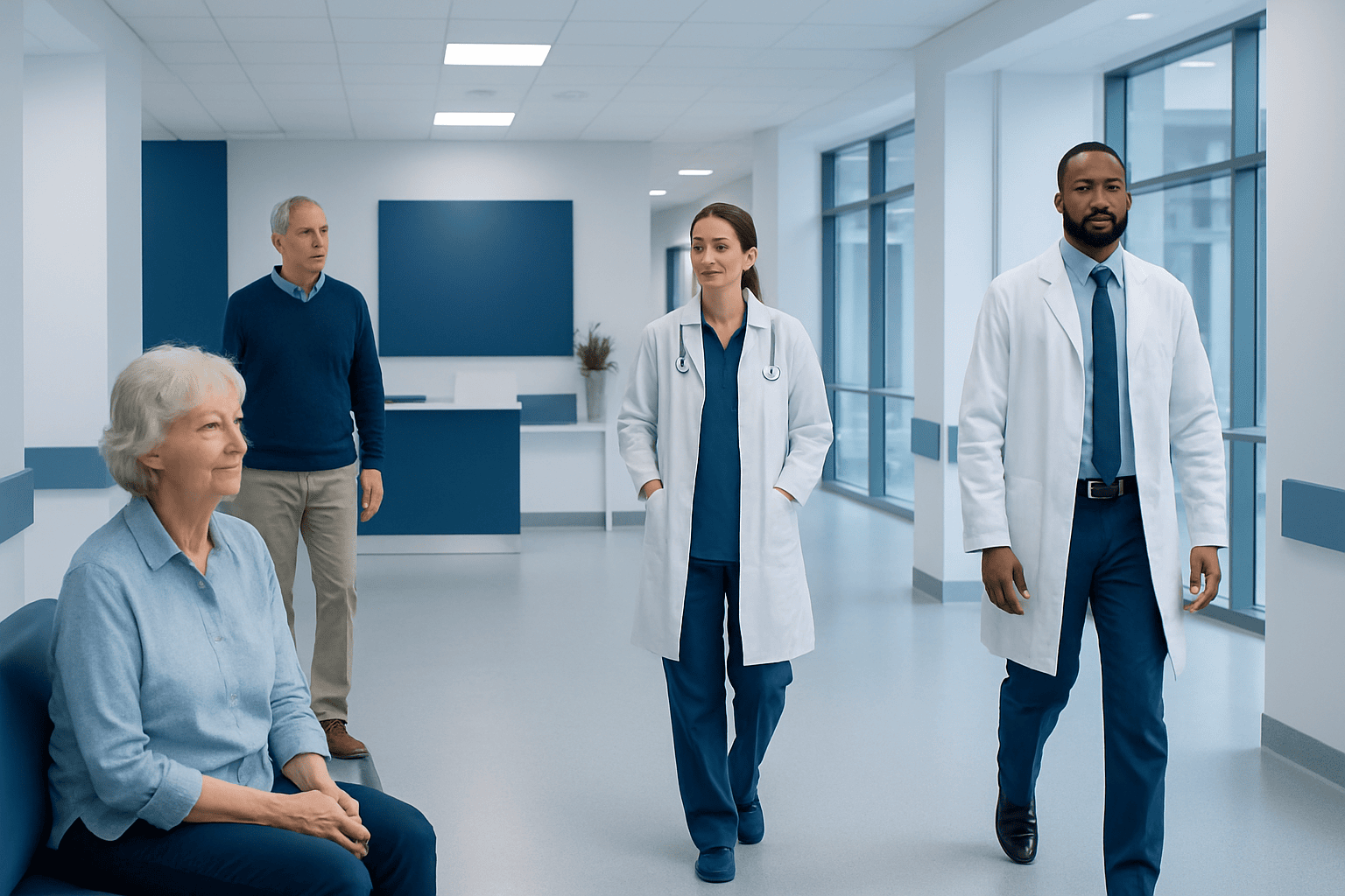 Medical team with patient in hospital corridor at Acibadem Hospitals Group.