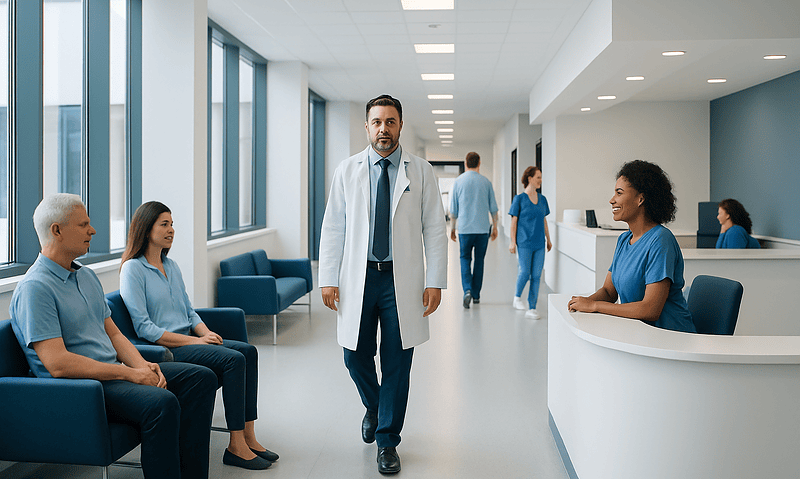 Doctor walking in hospital corridor with patients and staff.