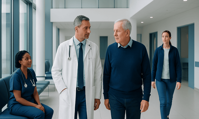 Medical team discussing patient care in hospital corridor.