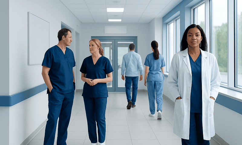 Medical team in hospital corridor with doctors and nurses.