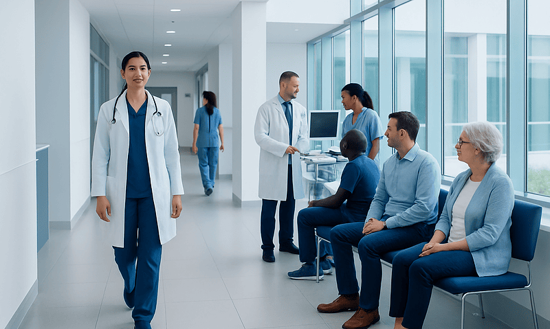 Medical team and patients in a modern hospital corridor.