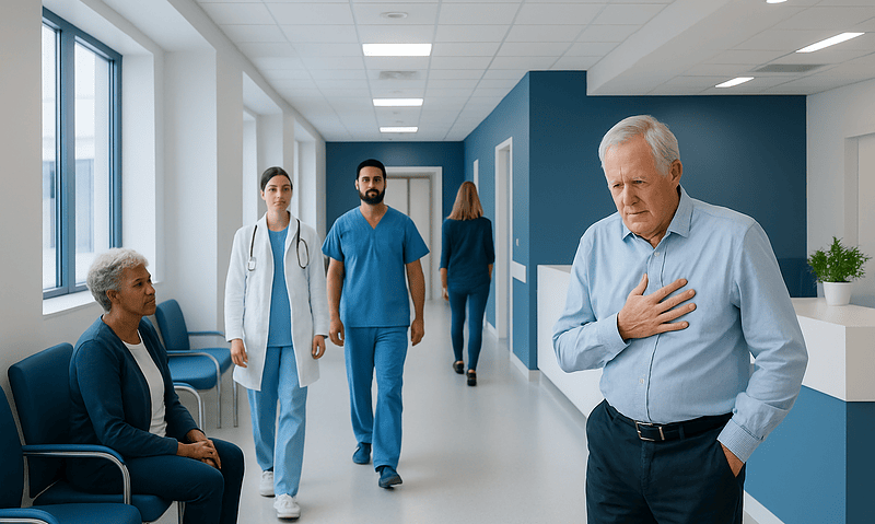 Elderly man experiencing chest pain in hospital corridor with medical staff nearby.