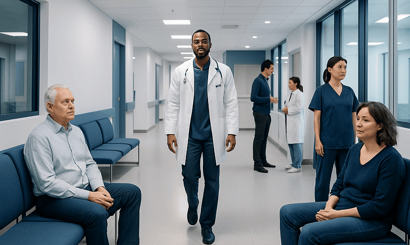 Medical professionals and patients in a hospital corridor at Acibadem Hospitals Group.